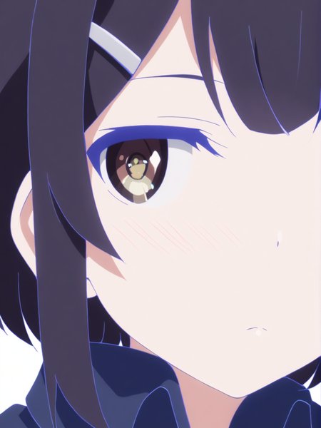 1girl, 
miyu edelfelt, fate \(series\), 
solo, shirt, blush, collared shirt, blue shirt, closed mouth, portrait, short hair, brown eyes, hairclip, white background, looking at viewer, simple background, black hair, expressionless, parted bangs, 
masterpiece, best quality,  safe
 <lora:mki-ani31-style2-v1-000125:1>