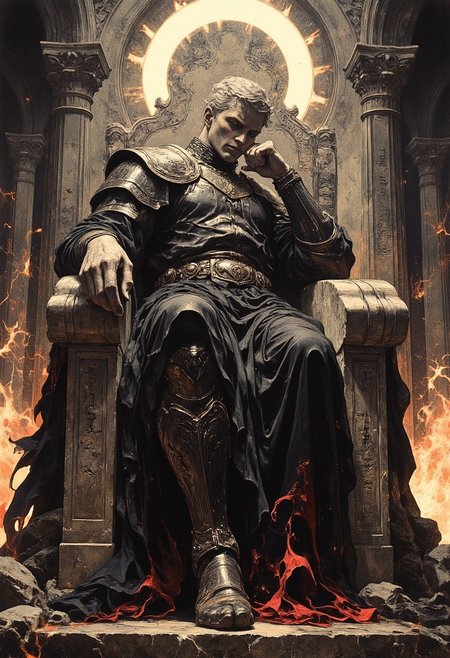 Portrait of a king-like figure seated in a relaxed, commanding pose atop a throne, The character leans back with one leg draped over the arm of the throne, exuding an air of dominance and confidence. His head tilts slightly, resting on a fist, with an intense yet amused expression. The character wears dark, ornate armor adorned with crimson accents and a mantle of shadowy feathers cascading over the back of the throne. The dynamic lighting highlights the texture of the throne and his intricate crown, which resembles a fractured halo glowing faintly. The background reveals a cavernous hall with towering stone walls etched with glowing runes, flickering torches, and cascading shadows, reinforcing the atmosphere of dark fantasy royalty.