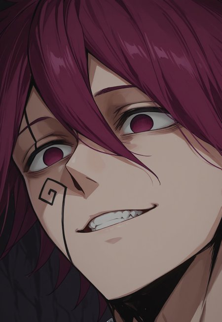 masterpiece, best quality, amazing quality, very aesthetic, absurdres, newest, detailed background, 1uoYang, 1boy, solo, male focus, facial tattoo, no pupils, purple hair, purple eyes, close-up, evil smile, teeth, dark