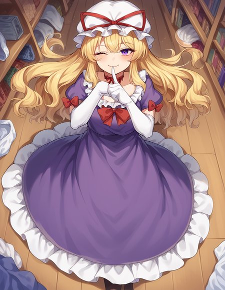 score_9, score_8_up, score_7_up, source_anime, <lora:yukari-yakumo-ponyxl-lora-nochekaiser:1>, yukari yakumo, purple eyes, blonde hair, sidelocks, long hair, hair bow, bangs, multiple hair bows,, choker, dress, elbow gloves, frilled dress, frills, gloves, hhat, hat ribbon, mob cap, puffy short sleeves, puffy sleeves, purple dress, red bow, red ribbon, ribbon, ribbon choker, short sleeves, white gloves, white hat, messy room, clutter, clothes on floor, disorganization, laundry, smile, <lora:shushing-ponyxl-lora-nochekaiser:1>, shushing, finger to mouth, index finger raised, from above, library, smile, blush, one eye closed, dutch angle,, looking at viewer, solo,, dutch angle, cowboy shot
