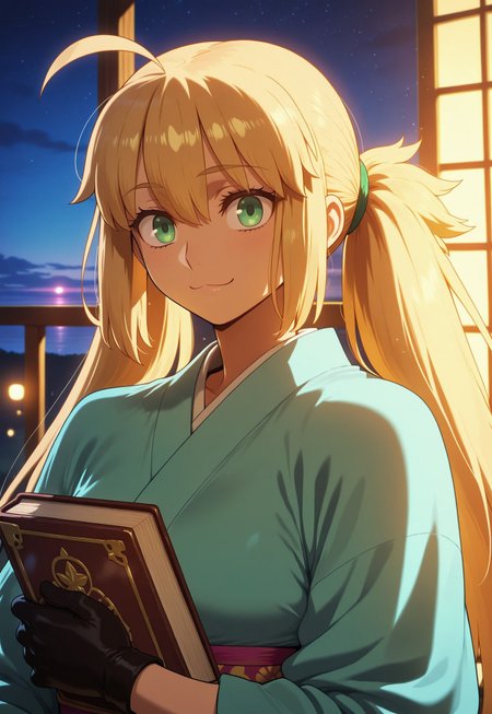 (masterpiece), (best quality), amazing quality, absurdres, (very aesthetic), light particles, scenery, ultra detailed, core_9,score_8_up,score_7_up, BREAK
1girl, solo, artoria caster \(fate\), fate \(series\), green eyes, hair between eyes, blonde hair, long hair, twintails, ahoge, small breasts, kimono, japanese clothes, gloves, black gloves, blue kimono, looking at viewer, smile, :3, haori, upper body, holding book, indoors, sky, night, night sky, warm light, volumetric lighting, (light particles), [light particles], ambient atmosphere, (a detailed background),  (backlighting), dynamic lighting, dynamic angle, sharp focus, distortion-free, illustration, BREAK
masterpiece,best quality,amazing quality, absurdres, intricate eyes, (detailed eyes), EyesHD, beautiful eyes, perfect eyes, year2024, year2023, ultra high resolution, 8K, UHD, HD, high contrast, (by nyantcha:0.5), (by takeuchi takashi), (by edjim:0.5), (by ratatatat74:0.5), (by niceufotable), (Afrobull:0.5), LDSCH Style, aesthetic, Illust_Synth, oyxehs
