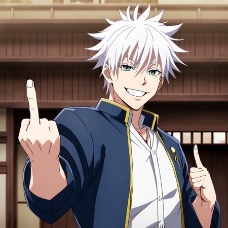 standing gojo smiling while holding up his middle finger