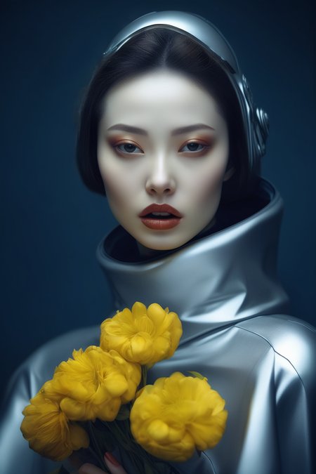 <lora:Zhang Jingna Style:1>Zhang Jingna Style - Russian lady in a futuristic outfit holding yellow flowers. Photography style of Jingna Zhang. 50mm lens. Hasselblad. film grain.