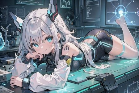 (masterpiece), (science fiction:1.4), 1girl, lying on a mirror, smile, silver hair, aqua eyes, headgear, long sleeves, detached sleeves, glowing energy clothing
