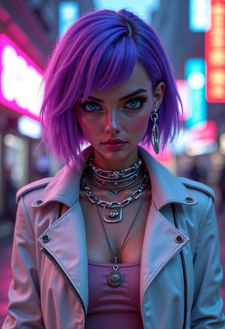 A cyberpunk woman with bright purple hair, wearing a white leather jacket, stands in a neon-lit city. Her eyes are a piercing blue, and she stares directly at the viewer with a confident, almost defiant expression. Her lips are a soft, pink color, and she wears a variety of silver necklaces and earrings.
[Digital art, photorealistic, cyberpunk aesthetic], [Inspired by the work of Beeple and Greg Rutkowski], [Neon lighting, soft focus, high contrast, detailed textures, blurred background, 3D rendering]