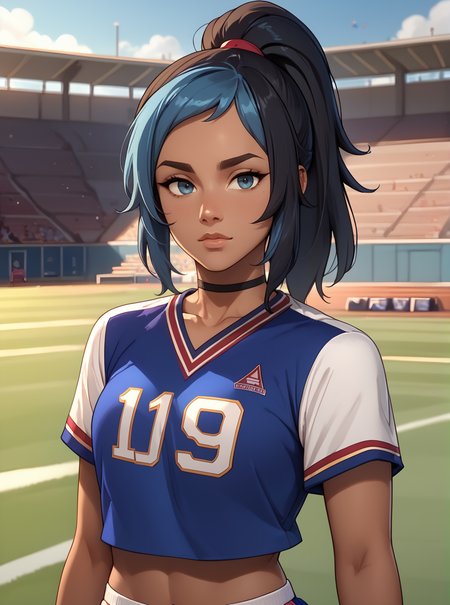 score_9, score_8_up, score_7_up, <lora:hannahpxl:0.8>, hannahpxlm, 1girl, cartoon, western animation, looking at viewer, flat colors, outline, dark skin, football field, black hair, blue hair, cheerleader, ponytail,
