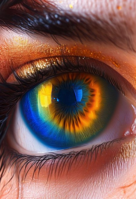 Woman, body art, hyper realistic eye, Satin Sheets Gold, Sapphire Blue, Peacock Blue,  skin, close-up, chaotic, flaming, skin texture, pulsating, cinematic angle,