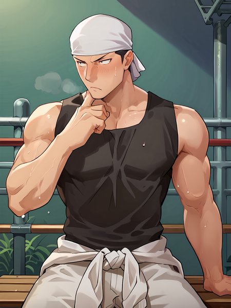 score_9, score_8_up, score_7_up, hires, cowboy shot, anime screenshot, official art, BREAK,
NSFW, 1boy, solo male,
<lora:Komaba_Ichirou_Silver_Spoon:0.8> k0maba, black hair, black eyes,
black sleeveless shirt, clothes around waist, bandana, 
batting cage, bench, sitting, 
looking to the side, looking away, 
sidepec, sweaty, arm on chin, biceps,
serious, blushing,
<lora:Smooth Anime 2 Style SDXL_LoRA_Pony Diffusion V6 XL:0.7>