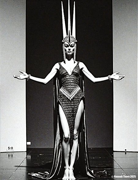 Generate a black and white full-shot photograph, reminiscent of Helmut Newton and Peter Lindbergh, featuring a barefoot woman in an ornate costume: a tall, three-pronged headdress, a long patterned dress with scale-like detailing at the waist, and a flowing cloak.  Her arms are outstretched on a raised platform against a stark, dark background. Employ a high-contrast monochrome palette with dramatic chiaroscuro lighting, à la Caravaggio, emphasizing texture and depth.  The image should possess the sharp focus and photojournalistic style of Henri Cartier-Bresson, with a number subtly visible in the bottom left corner.  The overall aesthetic should evoke a blend of  classical portraiture and avant-garde fashion photography, capturing both elegance and power. <lora:_Flux\_Photographer\Helmut_Newton-000001.safetensors:0.85:0.85>