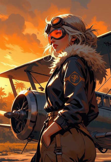 Mh1$AgThS2, intricate linework with expressive contrasts, soft lighting with dynamic highlights, young woman wearing flight goggles, aviator leather jacket, long loose platinum hair, standing next to a 1930s biplane on an airstrip surrounded by tropical jungle, sunset, in orange hues