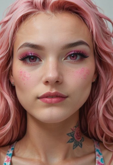 (aerial perspective), The image features a person with intricate asian face tattoos, wearing a brightly colored, patterned outfit, and accessorized with vibrant, multi-colored jewelry. The overall color scheme is dominated by shades of pink and blue, giving it a striking and artistic appearance,