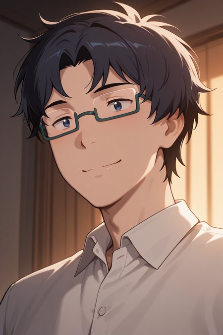 masterpiece, absurdres, newest, perfect quality, best quality, absolutely eye-catching, amazing quality, very aesthetic, high resolution, ultra-detailed, 1boy, male focus, solo, joe_kido_tri, dark blue hair, dark blue eyes, glasses, under-rim eyewear, smile, closed mouth, detailed background, volumetric lighting, vibrant colors