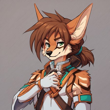 score_9, score_8_up, score_7_up, score_6_up, score_5_up, score_4_up, best quality, highly detailed, intricate details, extremely detailed, perfect hands, source furry, solo, 1boy, furry male  jackal, brown ponytail hair, green eyes, Expressive , smile,  zeroazureportraits, solo, upper body, simple background, upper body, 1boy,