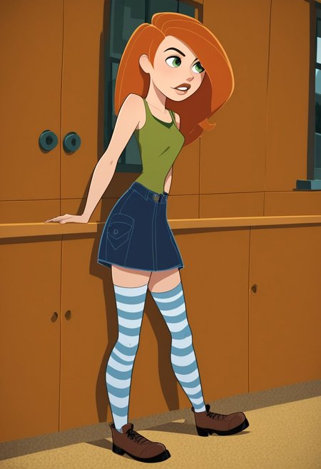 score_9, score_8_up, score_7_up, score_6_up, score_5_up, score_4_up, BREAK, 
1girl, solo, striped, thighhighs, green eyes, skirt, striped thighhighs, long hair, denim skirt, tank top,