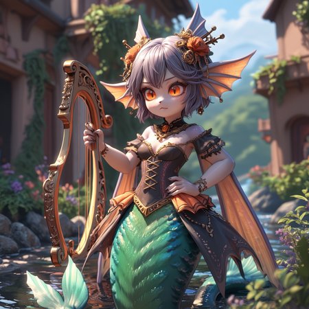score_9, score_8_up, score_7_up,BREAK,
source_anime,kemonono
BREAK
 mermaid girl,monster girl,perfect figure,narrow waist,playing the harp,big harp,in a river,body fur,scaled hands,(slit eyes),((long fin ears),(long mermaid tail),fins on hips,bright orange eyes,shining eyes,short silky hair,in a river,sharp nails,