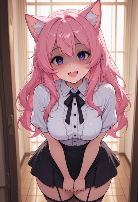 (masterpiece, best quality:1.3), purple_eyes, pink_hair, stockings, cat_ears, yandere, happy, medium breasts, loving_gaze, looking_at_viewer, BehindCatgirl, CatGirlStyle, white shirt with buttons, black skirt, presenting to viewer