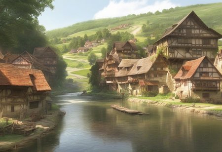 score_9, score_8_up, score_7_up, Fantasy_look illustration, summer, sunshine, fantasy, nature, scenery, river, village, buildings, outdoors, water, realistic,EasyNegativeV2