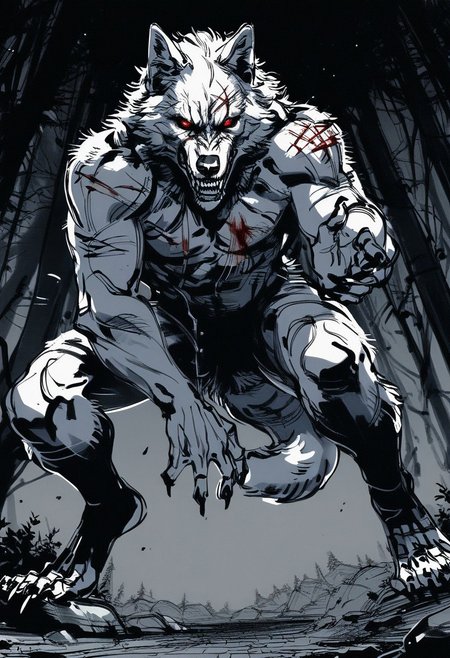 yoji_shinkawa,sketch,  Giant wolf, dynamic pose, (perspective:1.2), close up  cuts, scratches, wounds, red eyes, teeth, white fur, tail, dripping blood, full body, scary,  black theme, forest, rocks, plants, night, dark, blood  <lora:Yoji_v2-000014:0.85>, score_8_up, score_7_up, score_6_up