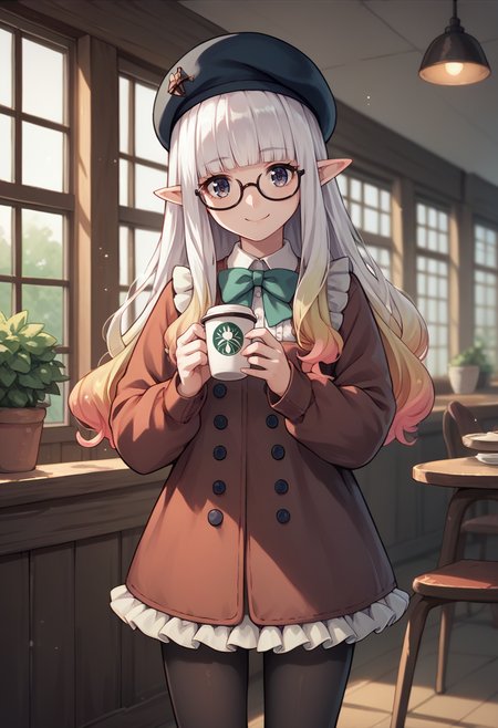 score_9, score_8_up, score_7_up, source_anime, 1girl, cowboy shot, looking at viewer, smile, holding coffee cup, <lora:AiryBD-pdxl:1> airyBD, long hair, blunt bangs, gradient hair, pointy ears, glasses, beret, frilled dress, bowtie, long sleeves, pantyhose, indoors, cafe