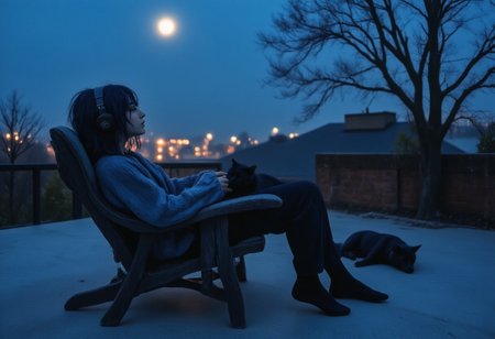 1girl, wearing headphone, sweater, pajama, socks,  sitting in resting chair, roof top, side view, a black cat sleeping in lap, a dog sleeping near chair, railing in background, blue moon, a tree near railing,  FictionalOpal, alternative girl with messy navy blue hair, DarkAtmosCE style, highres, realistic, fhd, widescreen, moonlight,