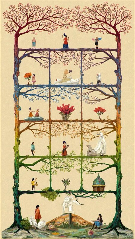 <lora:ck-LttleGhost-000011.safetensors:1> in the style of ck-lttlegh0stWithin a grid arrangement on a soft beige canvas, stylized rainbow-hued trees unfurl with intricate branches, each housing a diminutive figure. The artist's "lapislazurita" brings forth an enchanting, dreamlike ambiance, as the viewer is drawn into this fantastical world.