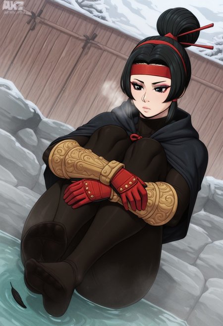 akazai,  outdoors, undershirt, falling feathers, black bodysuit, hair stick, hugging knees, knees to chest, gauntlets, eyeshadow, red gloves, two sides up, black capelet, red hairband, black eyes, 1girl, solo, feet, visible breath, dynamic angle, foreshortening, smell, steam, onsen, water