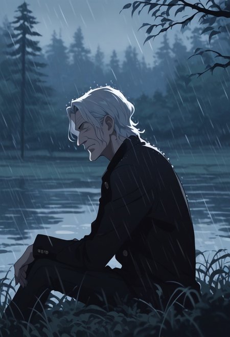 score_9, score_8_up, score_7_up, source_anime, rating_safe, raining, KurehaOP, curved Kureha nose, (white Kureha short hair), closed eyes, 1boy, male focus, old man, from side, sitting, blurry outdoor lake, calm water ripples, water, foggy, distant tree, atmospheric perspective,