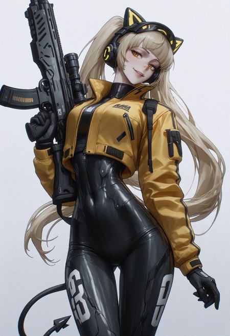 masterpiece,best quality,absurdres,very awa,highres,newest,year 2024,year 2023,<lora:illustrious_noobai_epsilon_pred_1_masterpieces_v1:0.7>,<lora:ponyv4_noob1_2_adamW:0.7>,<lora:spo_sdxl_10ep_4k-data_lora_webui:0.6>,<lora:add-detail-xl:0.35>,<lora:KonyaKarasue:0.4>,akramness,ekrea jan,nslacka,
sk997cos,sk01 jacket,sk02 sneakers,
yellow jacket,
BREK,
<lora:illustrious_XL_tsunemori:0.9>,tsunemori,
BREAK
fringe bangs,gun,
BREAK
seductive smile,
black gloves,
Holding one hand out to side,palm forward,(white background:1.1),
<lora:997sk cosplay IL:1>,