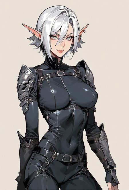 score_9, score_8_up, score_7_up, high detailed, high quality, source_fantasy, concept art, Expressiveh, easynegative, watercolor \(medium\), traditional media, kdmstyle,
...
1girl, solo, mature, curvy body, (tall:1.5), medium breast, blood_elf, 
pointed ears, multiple piercings, pale skin, silver eyes,
white hair, short hair, hair between eyes, Arlecchino hair style,
beauty face, smile,
...
black bodysuit, body straps, black pants, leather gauntlets, fingerless gloves,
model pose, cowboy shot,
...
simple background, beige background,