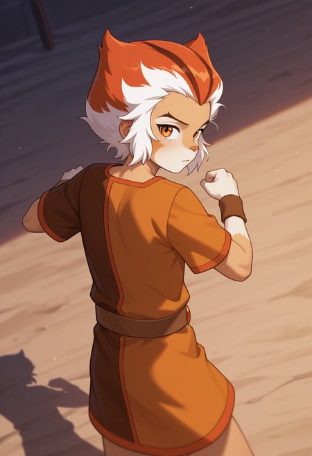 1boy, male focus, cute boy, Wilykat, Two-tone fur, Two-tone hair, orange hair, white hair, black streaks in hair, amber eyes, feline eyes, Two-tone tunic, Orange and brown tunic, wristbands, Belt, Pouches, looking back, from behind, cinematic, intricately detailed illustration, depth of field, masterpiece, best quality, amazing quality, very aesthetic, absurdres, newest, very awa, shadow, dynamic angle, casual cosplay, dynamic pose, action pose,