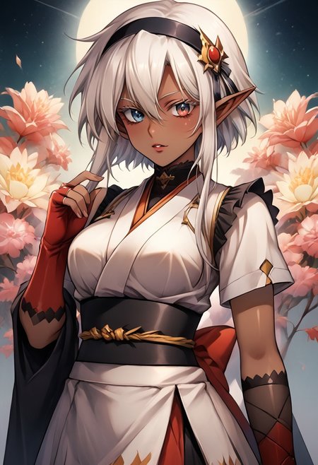 score_9, score_8_up, score_7_up, score_6_up, score_5_up, score_4_up, detailed, intricate details, source_anime, (1_girl, solo focus), zerida-dark, 1girl, solo, short hair, sidelocks, breasts, parted lips, bangs, large breasts, hair ornament, red eyes, , White Eyelashes, , hair between eyes, , White Hair, , pointy ears, elf, Eyelashes, Colored Eyelashes, White colored eyelashes, Colored Eyebrows, short hair with long locks, choker, japanese clothes, short kimono, short sleeves, hair band, red gloves, obi, knee boots, sashi, fingerless gloves, boots,<lora:add-detail-xl:1.0> ,(((feminine bodies))),(((perfect anatomy))), (((correct arms))), (((correct hands))), detailed eyes、detailed face and detailed skin <lora:add-detail-xl:1.0>, dark skin, Dark Skin Female, Dark elf
Real light and shadow, anime face, 4k, 8k, wallpaper,epic, detail texture colored inner hair,ear breathing)))),((blue_eyes:1.3))),intricate eyes,beautiful detailed eyes,symmetrical eyes,big eyes:1.5,(((lustrous skin:1.5,bright skin: 1.5,skin ,shiny skin,very shiny skin,shiny body,plastic glitter skin,exaggerated shiny skin,illuminated skin))),(detailed body,(detailed face)),(((intricate outfit,intricate clothes,embroidered outfit,ornate outfit,embroidered clothes,ornate clothes))), (dynamic pose:1.0) (centered,scale to fit dimensions,Rule of thirds), (ultra detailed,extremely detailed),(photorealistic artwork:1.37),(extremely detailed CG unity 8k wallpaper),(((vibrant colors,vibrant theme))),(intricate),