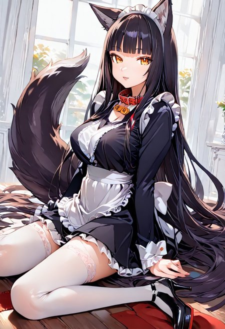 score_9, score_8_up, score_7_up, best quality, source_anime BREAK,1girl
(((hime cut hair, very long hair,wolf tail, wolf ears))), large breast,high heels,maid dress,Collar