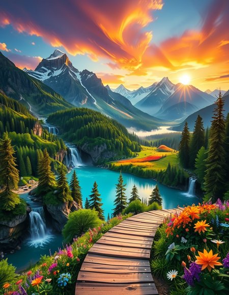 A breathtaking, high-resolution photograph of the most beautiful place on Earth, where natureâs wonders blend in perfect harmony. Towering, snow-capped mountains rise majestically in the background, their peaks glowing under the golden hues of a setting sun. Below, a crystal-clear turquoise lake reflects the colors of the sky, surrounded by lush, green forests filled with ancient trees, vibrant wildflowers, and cascading waterfalls. A soft mist rises from the valley, adding a dreamlike quality to the scene. In the distance, rolling meadows stretch toward the horizon, dotted with colorful flowers and serene wildlifeâgraceful deer grazing, birds soaring in the sky, and butterflies dancing in the breeze. A wooden footpath winds through the landscape, leading to a secluded, tranquil spot where the beauty of nature can be fully admired. The air is crisp and filled with the soothing sounds of rustling leaves, flowing water, and distant birdsong. The sky above is a masterpiece of colorsâdeep oranges, purples, and pinks blending seamlessly as the sun sets, casting a magical glow over this untouched paradise. The atmosphere is peaceful, awe-inspiring, and filled with a deep sense of wonder and tranquility, as if stepping into a perfect dream.
<lora:SDXLFaeTastic2400:0.4> <lora:extremely_detailed:0.4> extremely detailed, <lora:Earth_P4r4d1s3:1>,Earth P4r4d1s3, Masterpiece,best quality,hi res,8k,hi res,8k,award winning,(sharp focus, intricate, highly detailed),