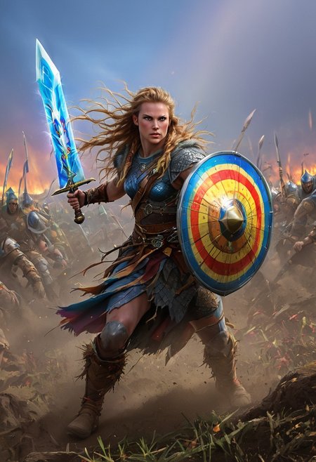 VALHERO neouv, shieldmaiden holding rainbow shield and rainbow sword while running through the battle of ragnarok
