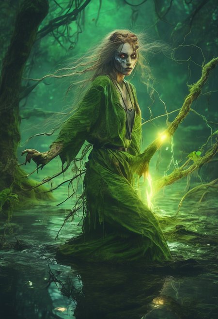 fantasy,medieval Russia fantasy,female druid,(zombie:1.3),(dynamic pose:1.3),entangled with roots,in a swamp,detailed background,(glowing nature magic:1.3),(glowing green eyes:1.1),(glowing green tattoos:1.1),tattered clothing,holding a stick,close up,midnight,(particle effects),floating magic particles, glowing dust