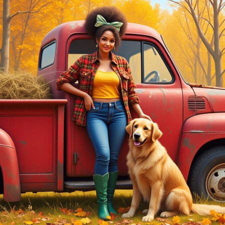 cartoon of a sassy boujee girl with a High messy bun with a fall colored bow in a bright fall plaid t-shirt and blue jeans, green boots leaning on a weathered old red ford truck, next to her is a golden retriever, with a fall background in ultra detail oil, realistic cartoon