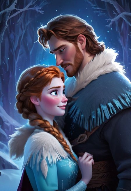 by Lois van Baarle,  1 female, anna from the movie frozen, auburn hair in two braids, 1 male, kristoff rom the movie frozen, couple, lovers,  axe, fur cape, garland of beads, night, moon, snow, blizzard, illustration, 2d, best quality, best facial detail