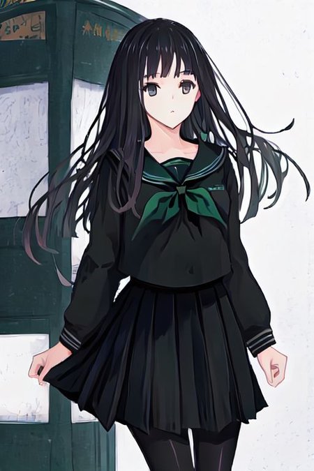 Rinne byuakuya, long hair, black hair, black eyes, small breasts, black serafuku, green necktie, black skirt, pantyhose