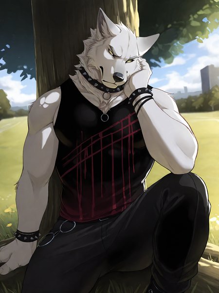 <lora:HarukiIL4:0.8>, haruki, male, solo, yellow eyes, annoyed, sitting, leanin on tree, pants,  edgy outfit, 
BREAK masterpiece, best quality, amazing quality, very aesthetic,highres, absurdres, detailed background,