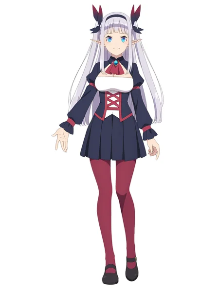 <lora:Rurushi_Ru:0.8>, rurushi_ru, 1girl, solo, blue eyes, red eyeshadow, pointy ears, long hair, grey hair, twintails, blunt bangs, hair bow, red ribbon, gem, puffy sleeves, long sleeves, red trim, cleavage cutout, underbust, corset, pleated skirt, red pantyhose, black shoes, smile, closed mouth, looking at viewer, standing, arms at sides, full body, tachi-e, white background