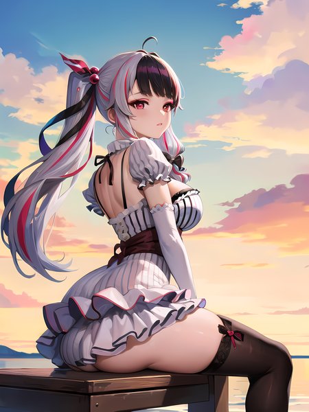 modelshoot style, (masterpiece:1.3), (absurdres:1.3), (best quality:1.3), (8K), (large masterpiece digital art), (detailed manga illustration), (handled hair), pureerosface_v1, perfect anatomy, (sharp eyeliner, eyeshadow, detailed eyes:1.1), (intricate details:1.3), (ultra-detailed:1.3), (illustration:1.3), (sharp focus:1.3), (natural lighting:1.05), (vivid colors:1.3), BREAK  <lora:yorumiRenaNijisanji_v1:0.8>, 1girl, solo, rena1, multicolored hair, red eyes, black hair, white elbow gloves, split-color hair, streaked hair, twintails, white dress, cleavage, hair ornament, ahoge, animal ear legwear, hair ribbon, mismatched legwear, bangs, grey hair, striped, red hair, black ribbon, two-tone dress, hair bobbles, vertical stripes, black bow, large breasts, very long hair, hair bow, from behind, ass, back focus, BREAK park, park bench, outdoors