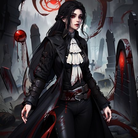 (masterpiece:1.2),(best quality,:1.2),8k,HDR,ultra detailed,professional light,cinematic lighting,fashion photography,ambient lighting,atmospheric effects,(wearing a black long coat:1.5),ascot,bracers,belt,gothout,<lora:Gothic_Outfit:0.45>,in a dark and sinister gothic graveyard,iron fence,<lora:Darkness-10:0.4>,epiCPhoto,(solo:1.5),<lora:SeranaaaaV3.5:0.65>,1girl,serana,red eyes,(black hair:1.3),long hair,looking at viewer,(White ascot:1.5),chibi,Black long pants,(cowboy_shot:1.5),<lora:Concept - Blood Magic:0.4>,(bloodmagic:1.5),(blood:1),(swirling blood:1.8),(magic:1.3),