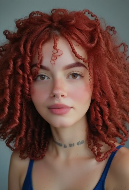 realistic, 22yo girl, shoulder-length red curly hair, brown eyes, UHD, photorealistic, best quality, masterpiece, 16K, cinematic