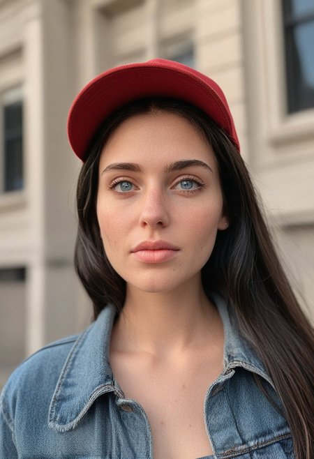 30yo woman posing for pic in front of tall building.
Blue eyes. small perfecteyes 
Wearing ripped Denim jacket red trucker hat
no makeup. Clear skin.  realistic skin style
Long dark black slick back hair. No makeup. Dusk, Street light. Looking at camera POV. Slight smile, tilting head.. Tilt head.
Medium Close Up shot. Bokeh. Bokeh light.