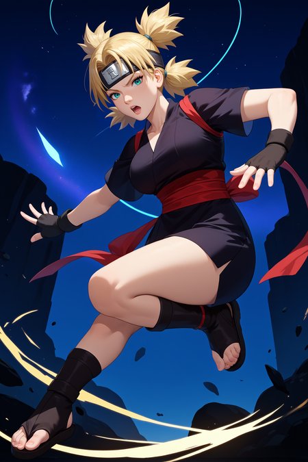 score_9, score_8_up, score_7_up, score_6_up, source_anime, 1girl, solo,  <lora:temari-pdxl-nvwls-v1-000007:1> tmri, blonde hair, short hair, cyan eyes, forehead protector, black kimono, short sleeves, red sash, black gloves, fingerless gloves, large breasts, sandals, jumping, midair, night sky, open mouth, dynamic pose, looking at you, serious, full body, black background, full body
