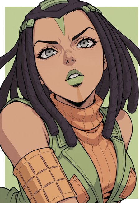 anime, rough sketch, sketchy lineart, black lineart, pencil drawing, sharp edges, masterpiece, best quality, detailed background, 8k, 1boy, man, solo, Ermes Costello, dark-skinned girl, black hair, dreadlocks, hair pieces, face markings, gray eyes, green lipstick, orange sweater, green jacket, sleeveless, armbands, looking up at viewer, breasts, parted lips, half body, face focus, close up, face focus, turning to viewer, looking at viewer, dynamic pose, green background, white background