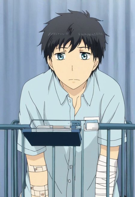 high resolution, solo, best quality, 1Boy, Arata Kaizaki, Black Hair, Blue Eyes, bandage, patient, hospital, OverallDetail