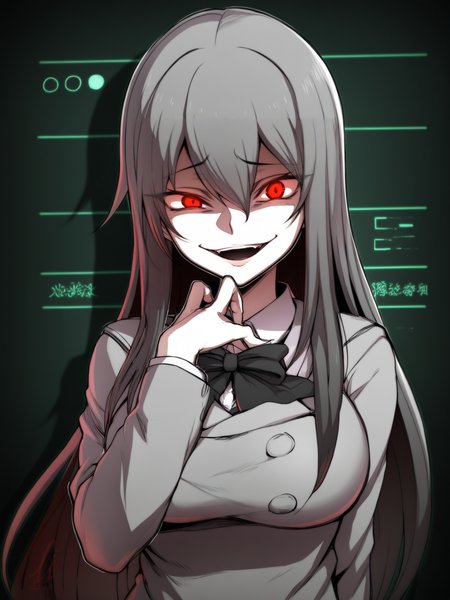 Masterpiece, Best Quality, Best Score, Best Anatomy,
 <lora:ebiblue_Artist_Style_IllustriousXL:1>,1girl, looking at viewer, gesugao, open mouth, evil smile, long hair, long sleeves, red eyes, hair between eyes, school uniform, large breasts,