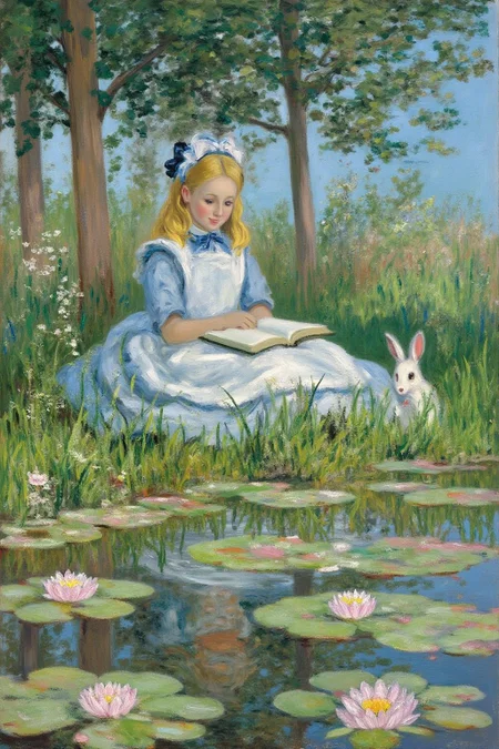 claudemonet1 painting. A serene and whimsical illustration of Alice from Alice in Wonderland sitting beside a tranquil pond filled with vibrant lily flowers and floating green leaves. Alice, depicted as a young girl with golden blonde hair and a blue dress with a white apron, reclines on a patch of soft grass. She holds an open book in her lap, her eyes focused on the pages with a curious expression. The pond reflects the clear blue sky, with delicate pink and white lilies blooming on its surface. Surrounding her are lush trees and wildflowers, creating a dreamy, storybook atmosphere. A subtle hint of fantasy elements, such as a tiny white rabbit peeking from behind a bush or a mischievous grin appearing faintly in the air, adds a touch of Wonderland magic to the peaceful scene. <lora:claudemonet1_cap_d8a4e12:1.0><lora:843597535030436104:0>