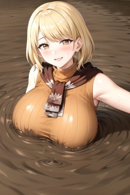 ashley graham, brown eyes, bangs, red scarf, (orange sweater:1.2), sleeveless turtleneck, (huge breast:1.5), partially submerged, in mud, flooding up to the chest, upper body, (village:1.5), (mud:1.5), (pov:1.5), (raised eyebrows:1.2), :o, blush, (sinking:1.1), (seductive smile:1.5), (covered nipples:1.1), arms behind head,